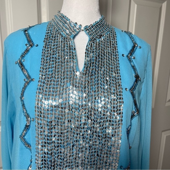 Marisol of India Tunic Dress Blue Chiffon Silver Sequins Embellished Beaded 14 - Picture 2 of 16